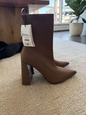 Zara Brown Stretch-Knit Pointed Sock Boot with Block Heel